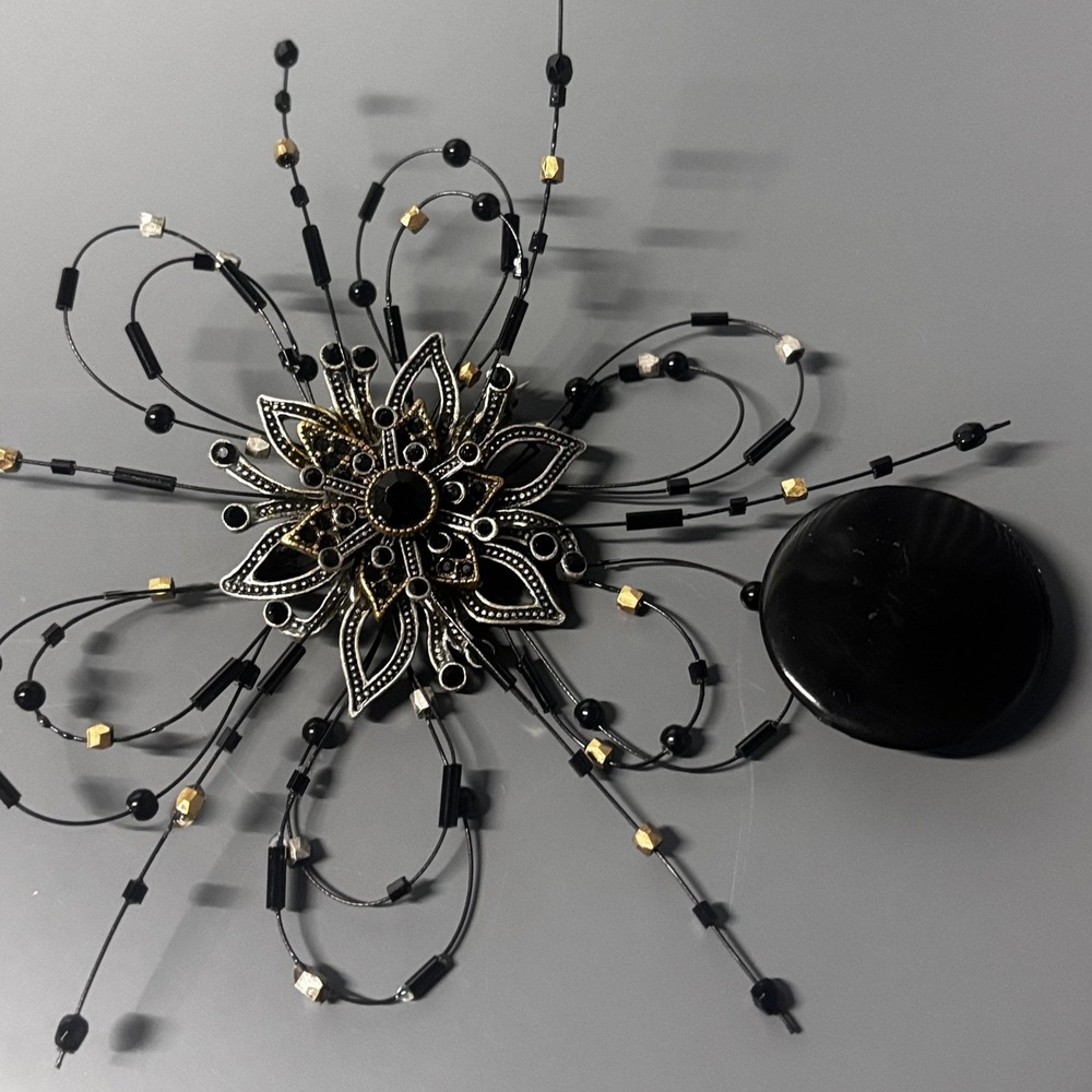 Large Statement Flower Starburst Brooch Pin Black Rhinestone Beaded Silver Tone - Picture 9 of 12